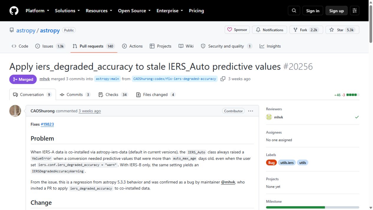 Astropy pull request 20256 by CAOShurong with its merged status
